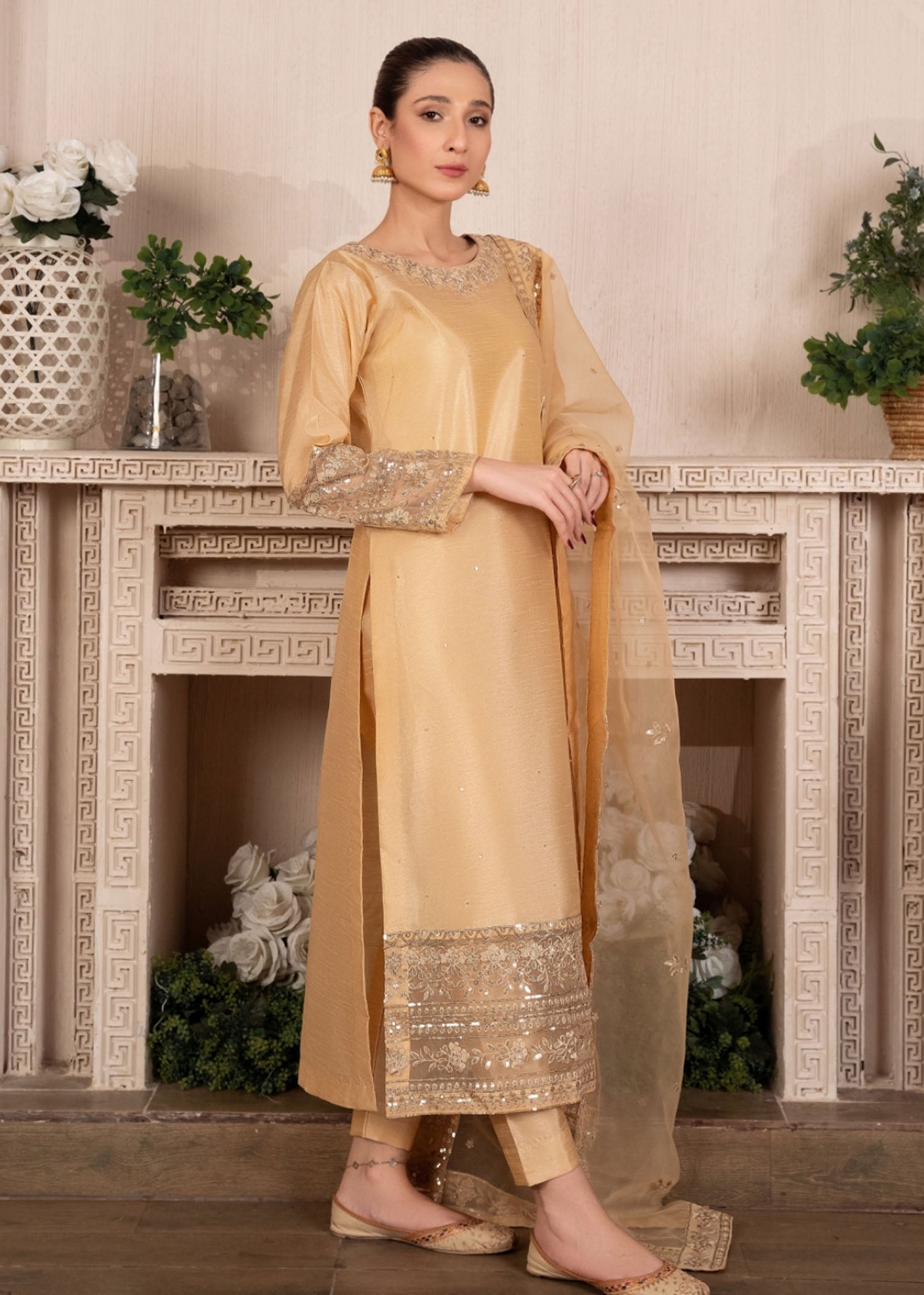 Pakistani Gold Embroidered Raw Silk Kurta Set (3-Piece) - Image 5