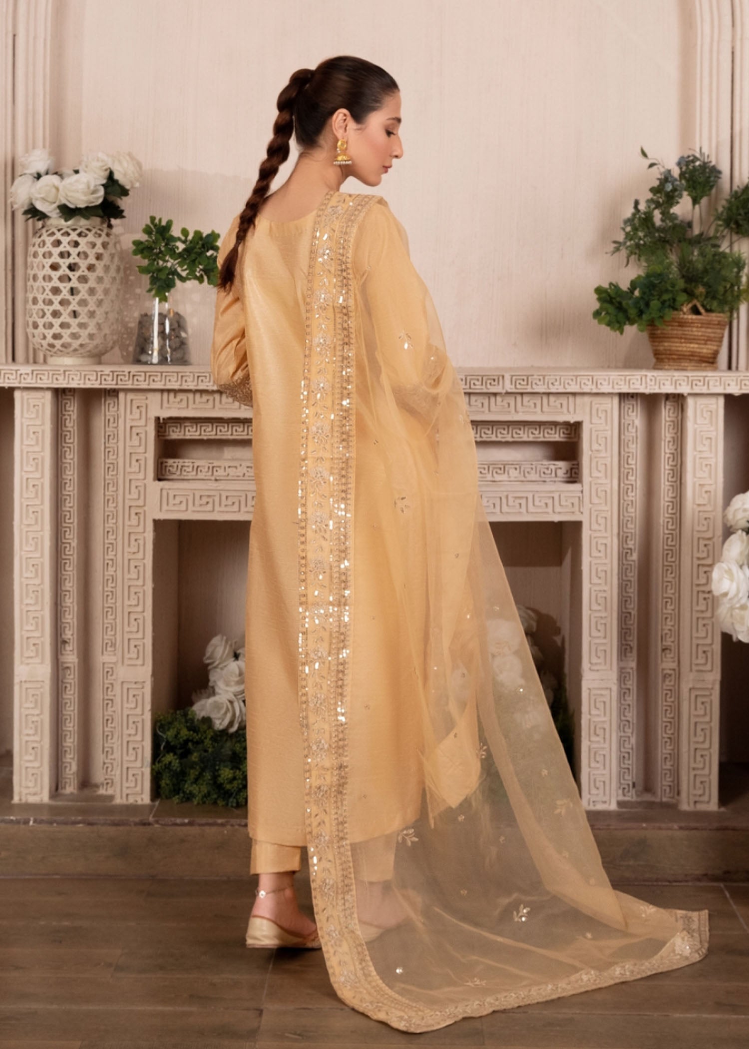 Pakistani Gold Embroidered Raw Silk Kurta Set (3-Piece) - Image 6