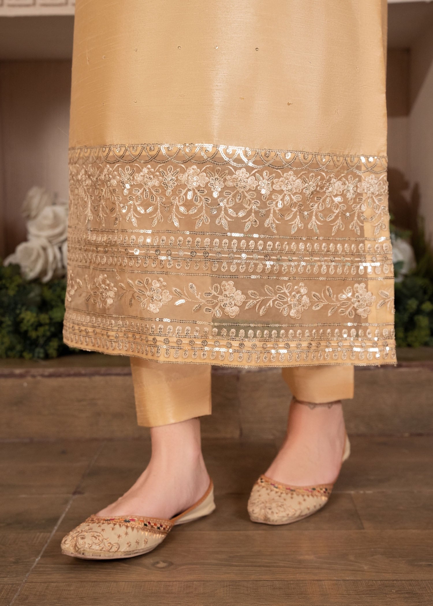 Pakistani Gold Embroidered Raw Silk Kurta Set (3-Piece) - Image 7