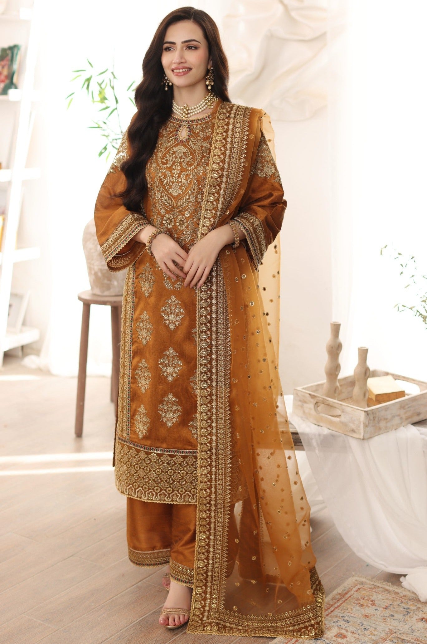 Pakistani Amber Embroidered Raw Silk 3-Piece Suit - Image 2