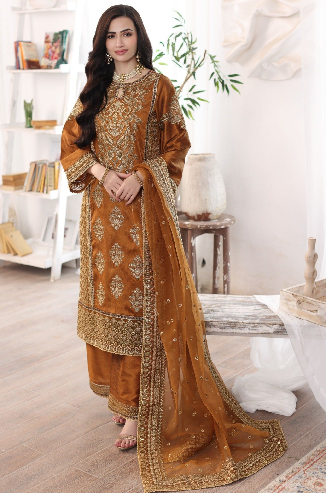 Pakistani Amber Embroidered Raw Silk 3-Piece Suit - Image 4
