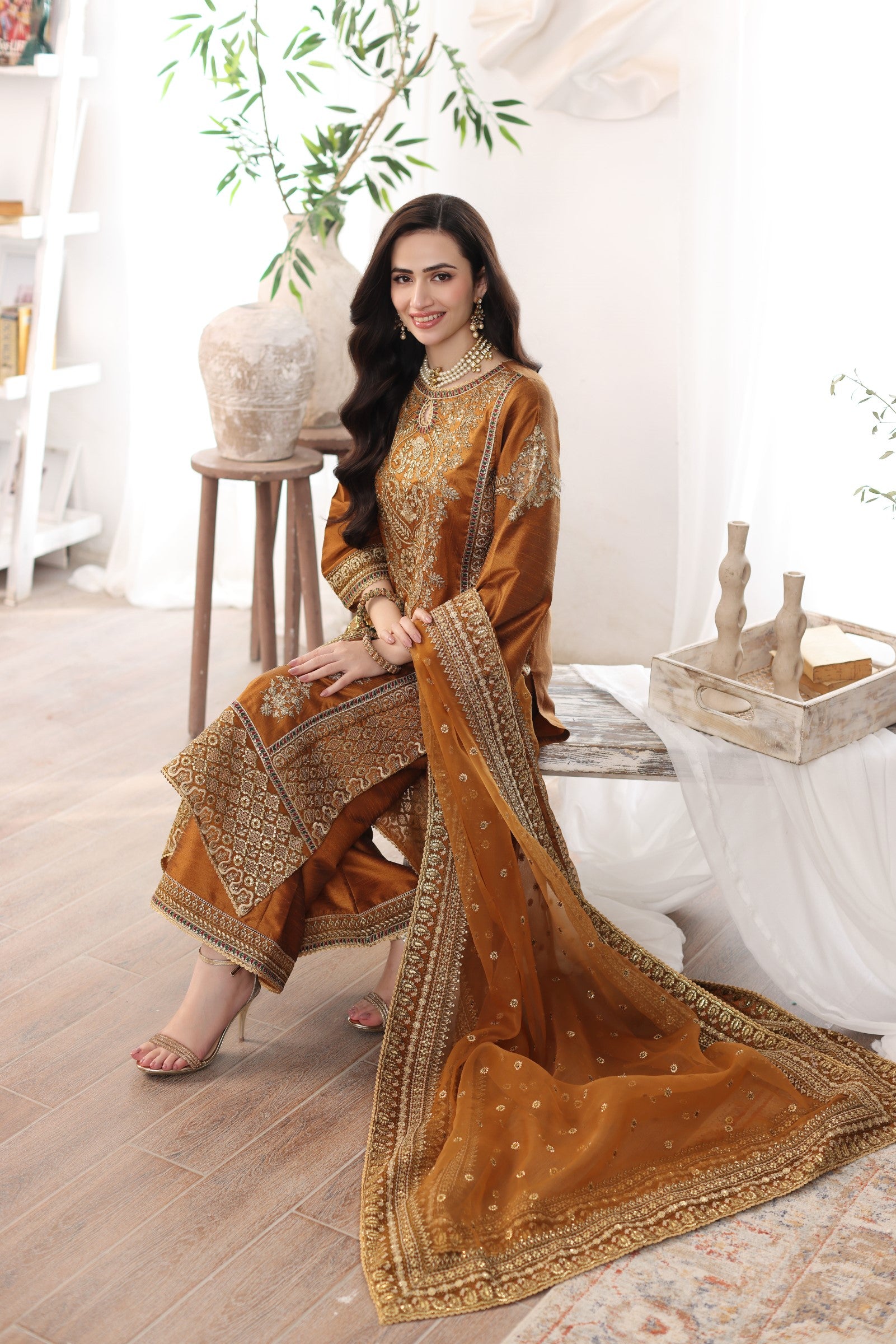 Pakistani Amber Embroidered Raw Silk 3-Piece Suit - Image 5