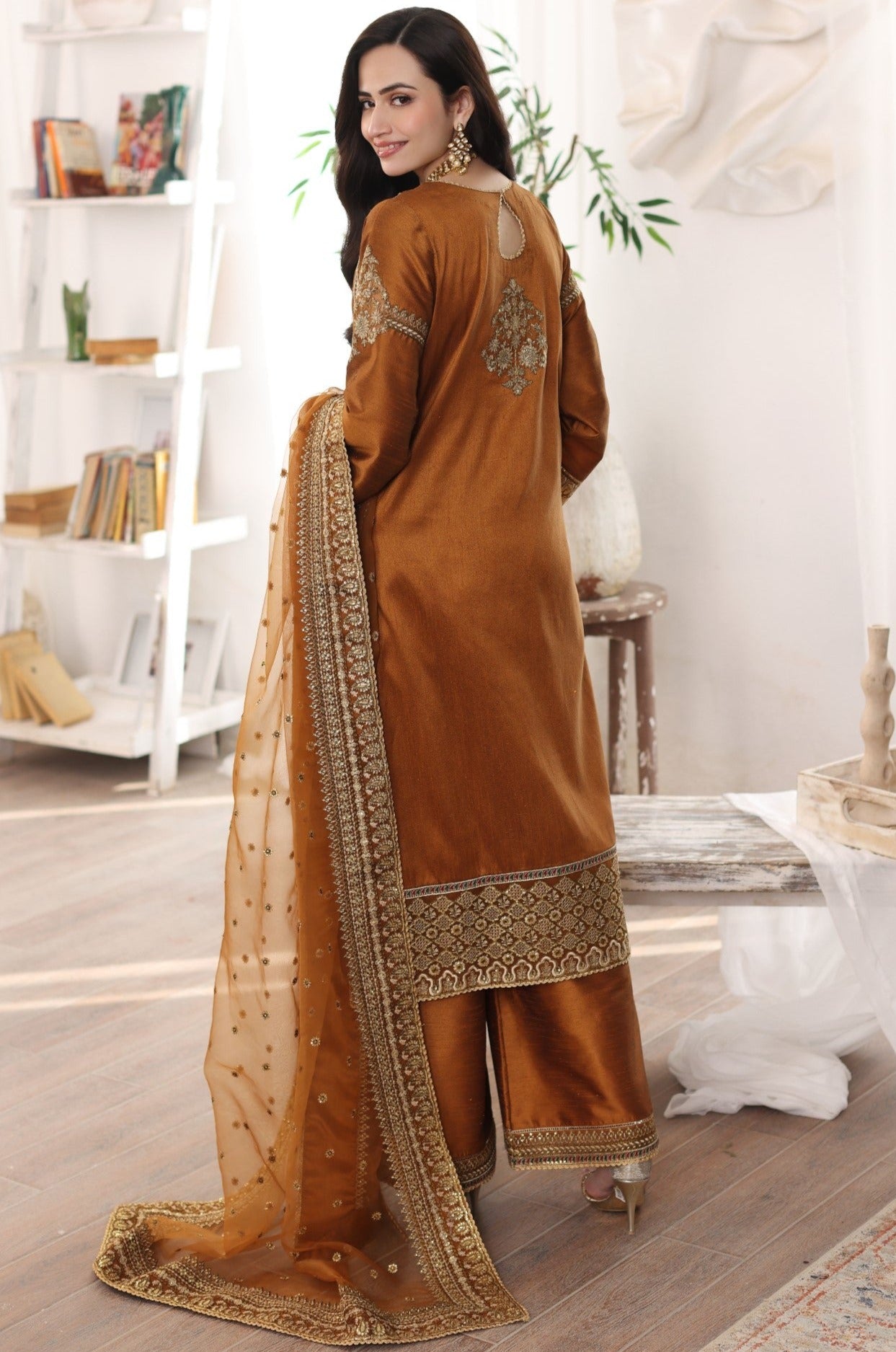 Pakistani Amber Embroidered Raw Silk 3-Piece Suit - Image 6