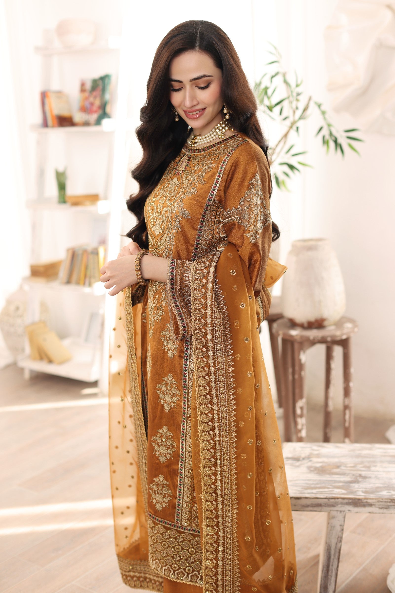 Pakistani Amber Embroidered Raw Silk 3-Piece Suit - Image 7