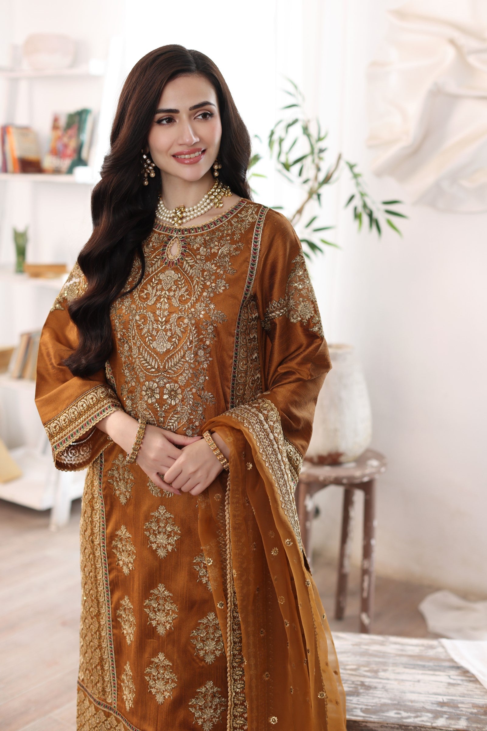 Pakistani Amber Embroidered Raw Silk 3-Piece Suit - Image 9