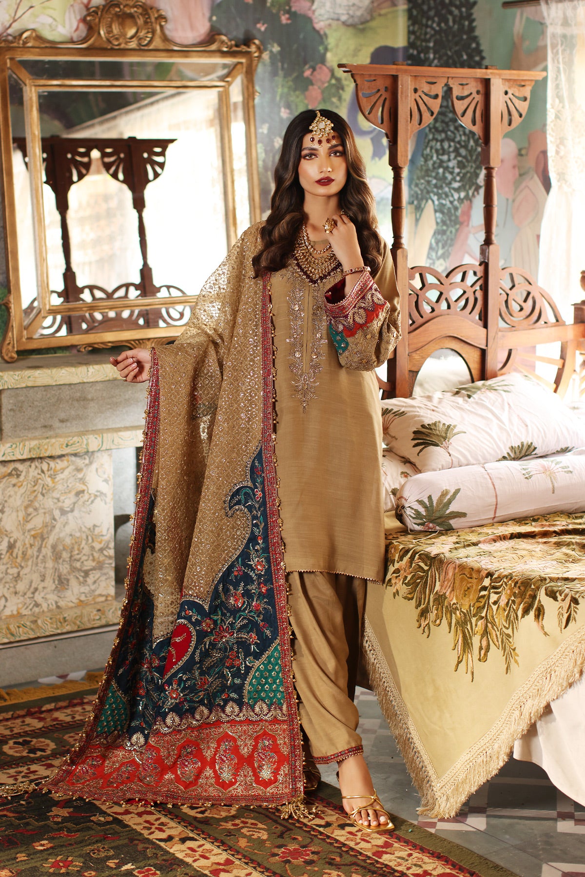 Gold Embroidered Raw Silk Salwar Kameez (3-Piece) - Image 1