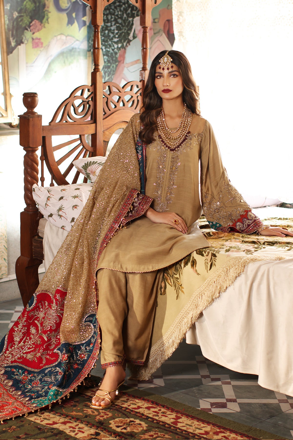 Gold Embroidered Raw Silk Salwar Kameez (3-Piece) - Image 2