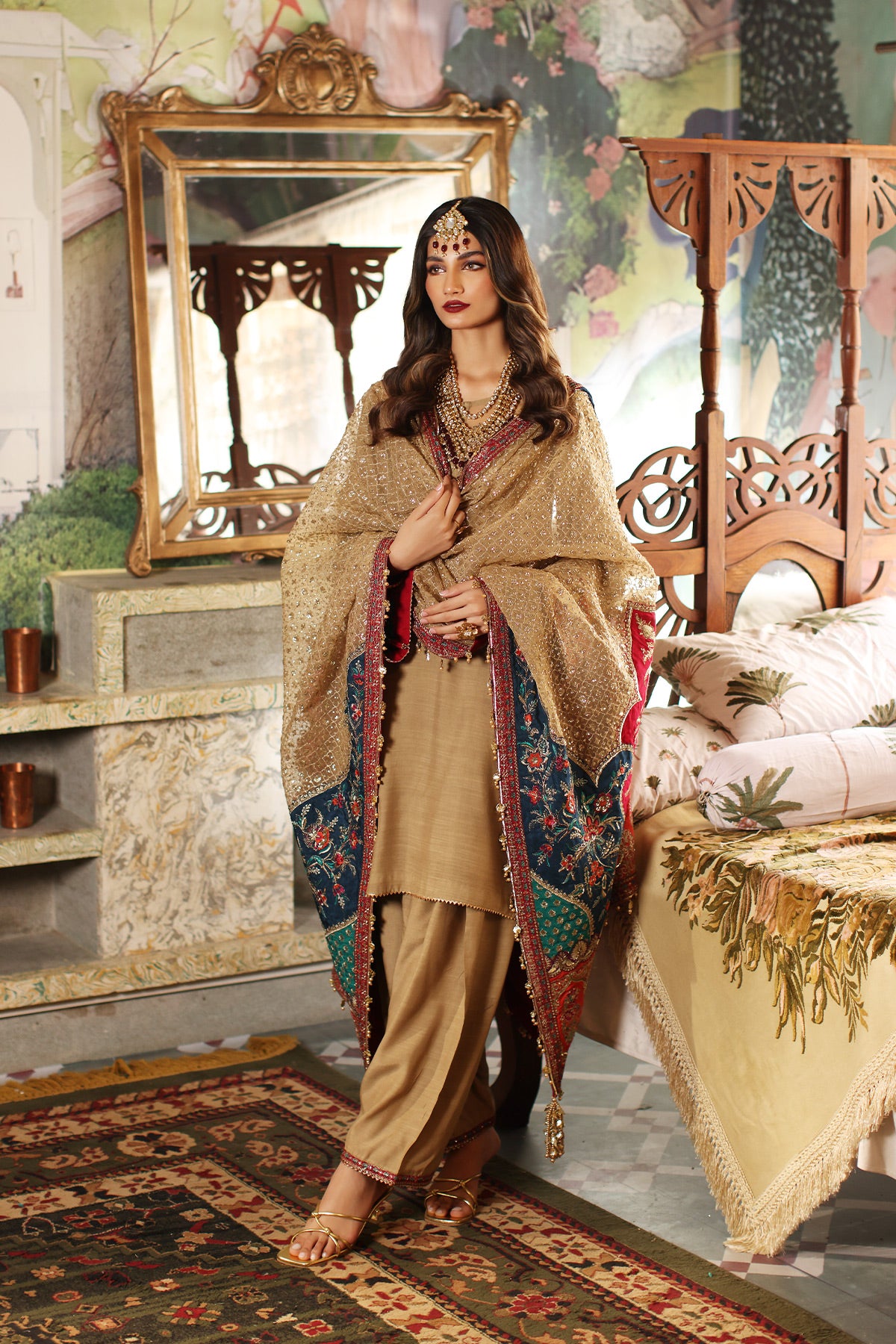 Gold Embroidered Raw Silk Salwar Kameez (3-Piece) - Image 3