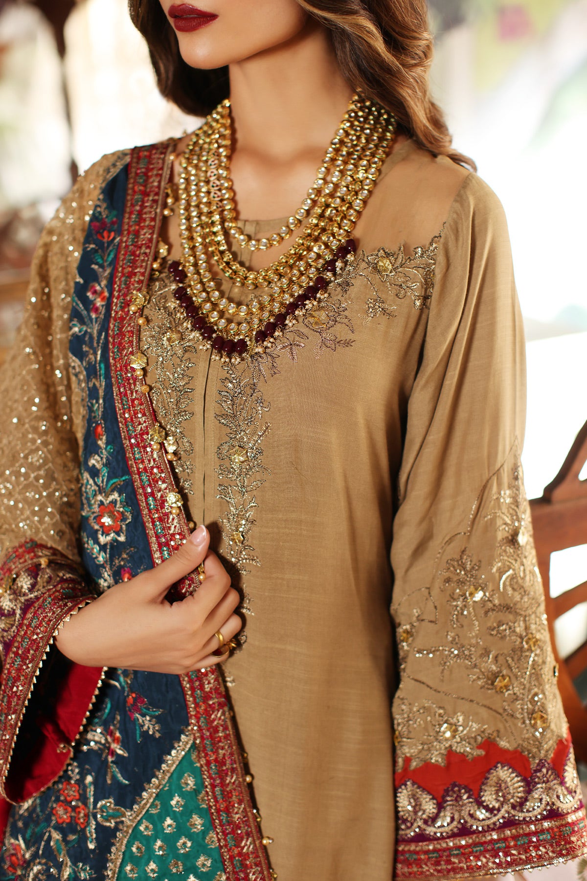 Gold Embroidered Raw Silk Salwar Kameez (3-Piece) - Image 5