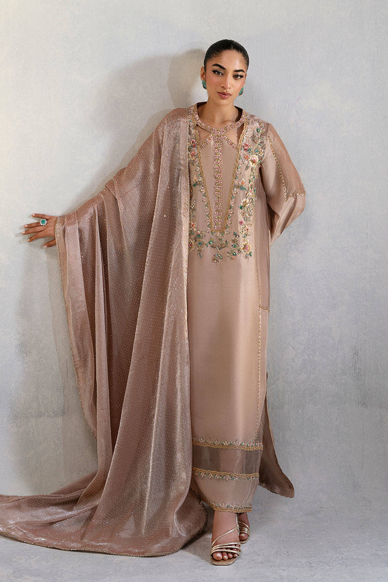 Pakistani Rose Gold Zardozi Raw Silk Salwar Kameez (3-Piece) - Image 1