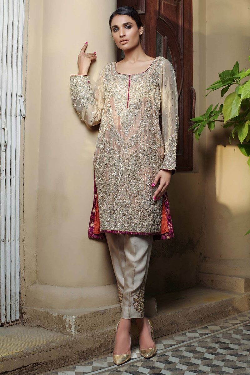 Pakistani Golden Resham Kora Dabka Kurta with Beige Pants (2-Piece) - Image 1