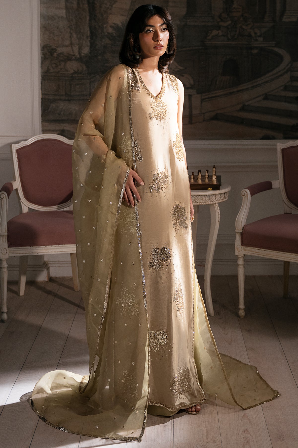 Champagne Embellished Roman Silk & Organza Salwar Kameez (3-Piece) - Image 1