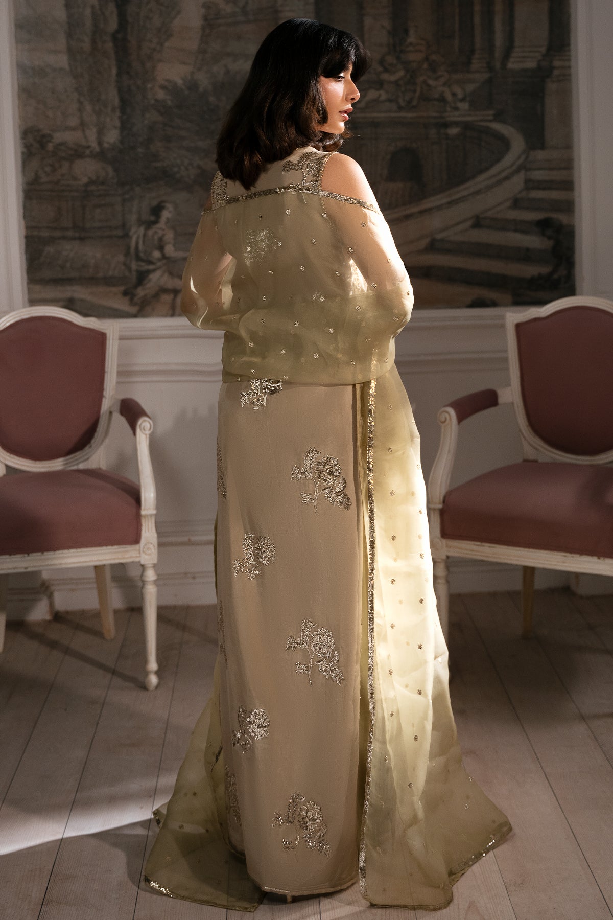 Champagne Embellished Roman Silk & Organza Salwar Kameez (3-Piece) - Image 2