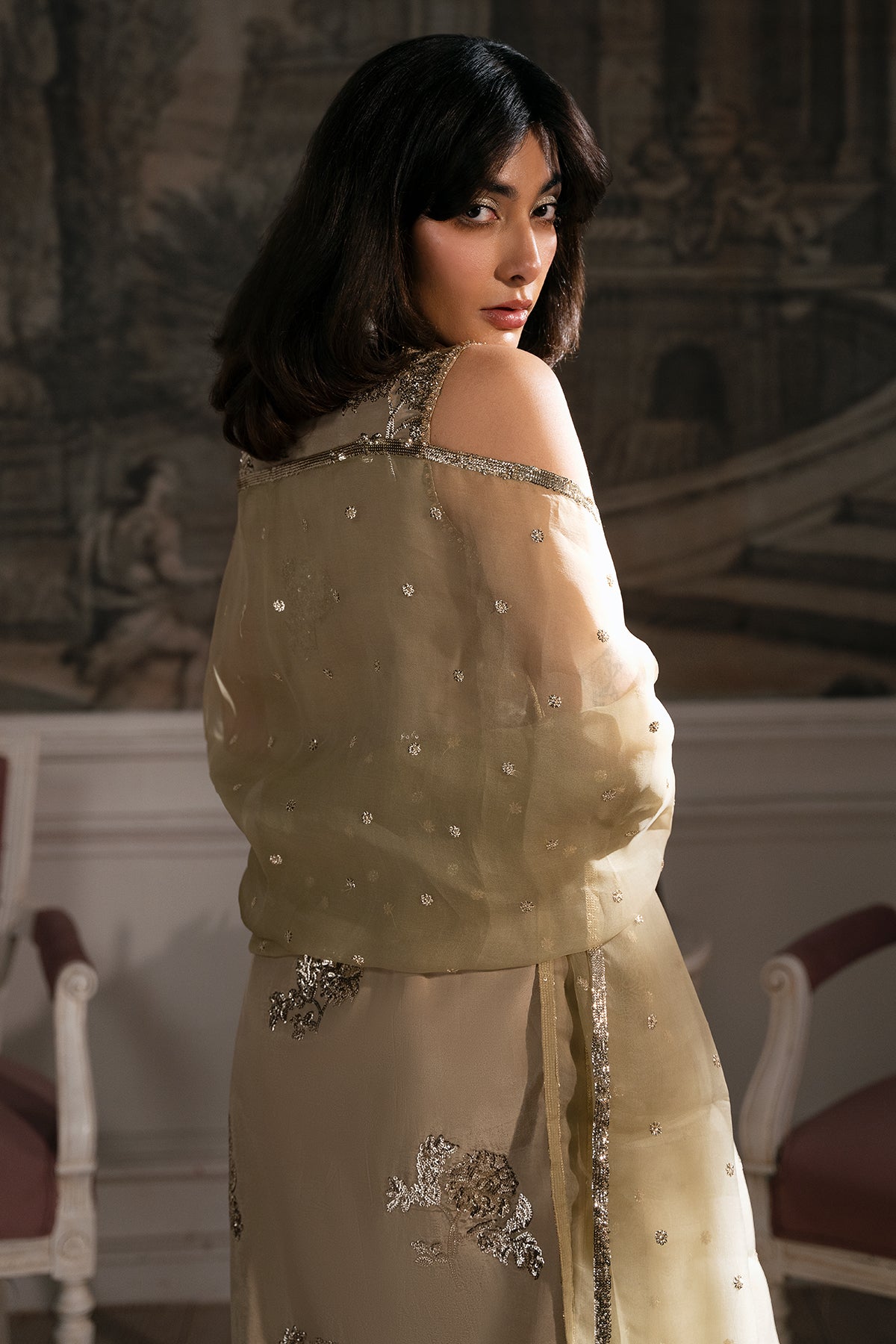 Champagne Embellished Roman Silk & Organza Salwar Kameez (3-Piece) - Image 4