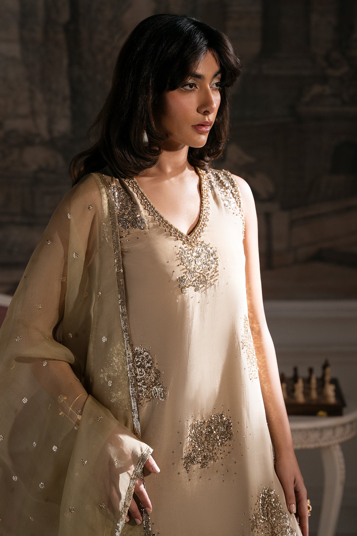Champagne Embellished Roman Silk & Organza Salwar Kameez (3-Piece) - Image 5