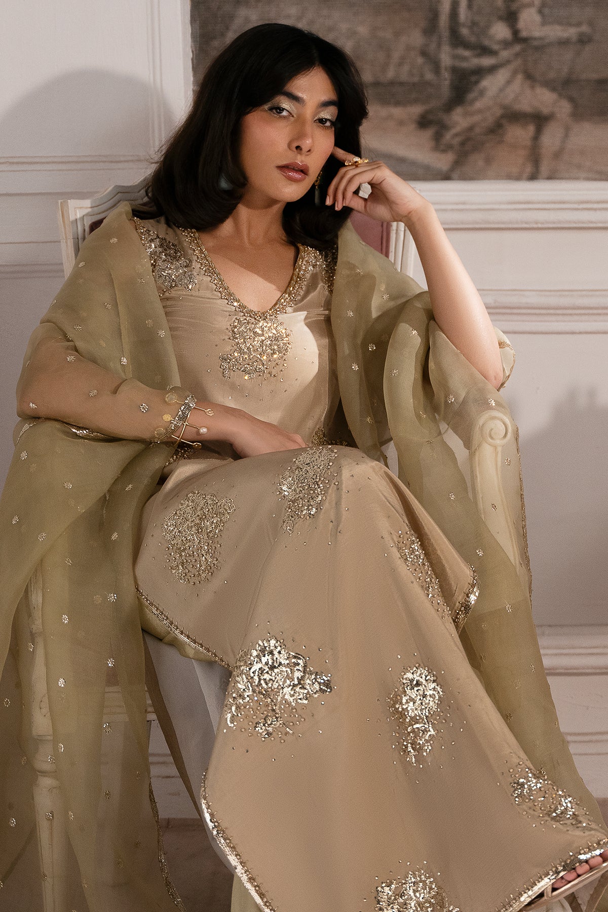 Champagne Embellished Roman Silk & Organza Salwar Kameez (3-Piece) - Image 6
