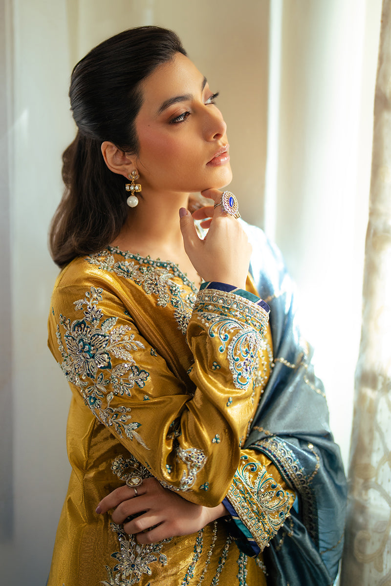 Pakistani Golden Zari Embroidered Satin Salwar Kameez (3-Piece) - Image 2