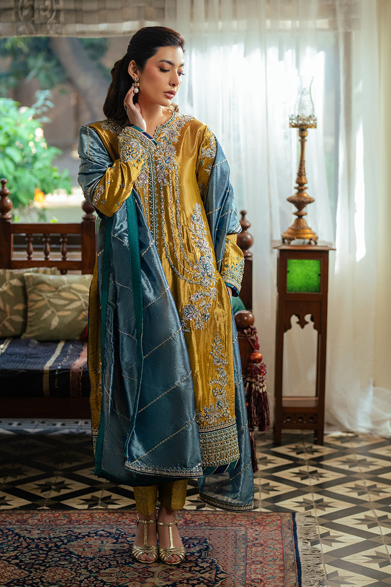 Pakistani Golden Zari Embroidered Satin Salwar Kameez (3-Piece) - Image 3