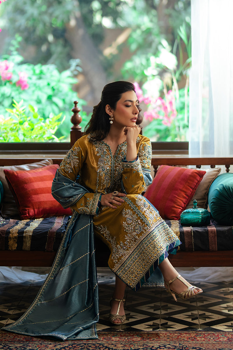 Pakistani Golden Zari Embroidered Satin Salwar Kameez (3-Piece) - Image 4