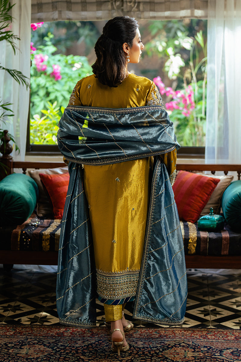 Pakistani Golden Zari Embroidered Satin Salwar Kameez (3-Piece) - Image 5