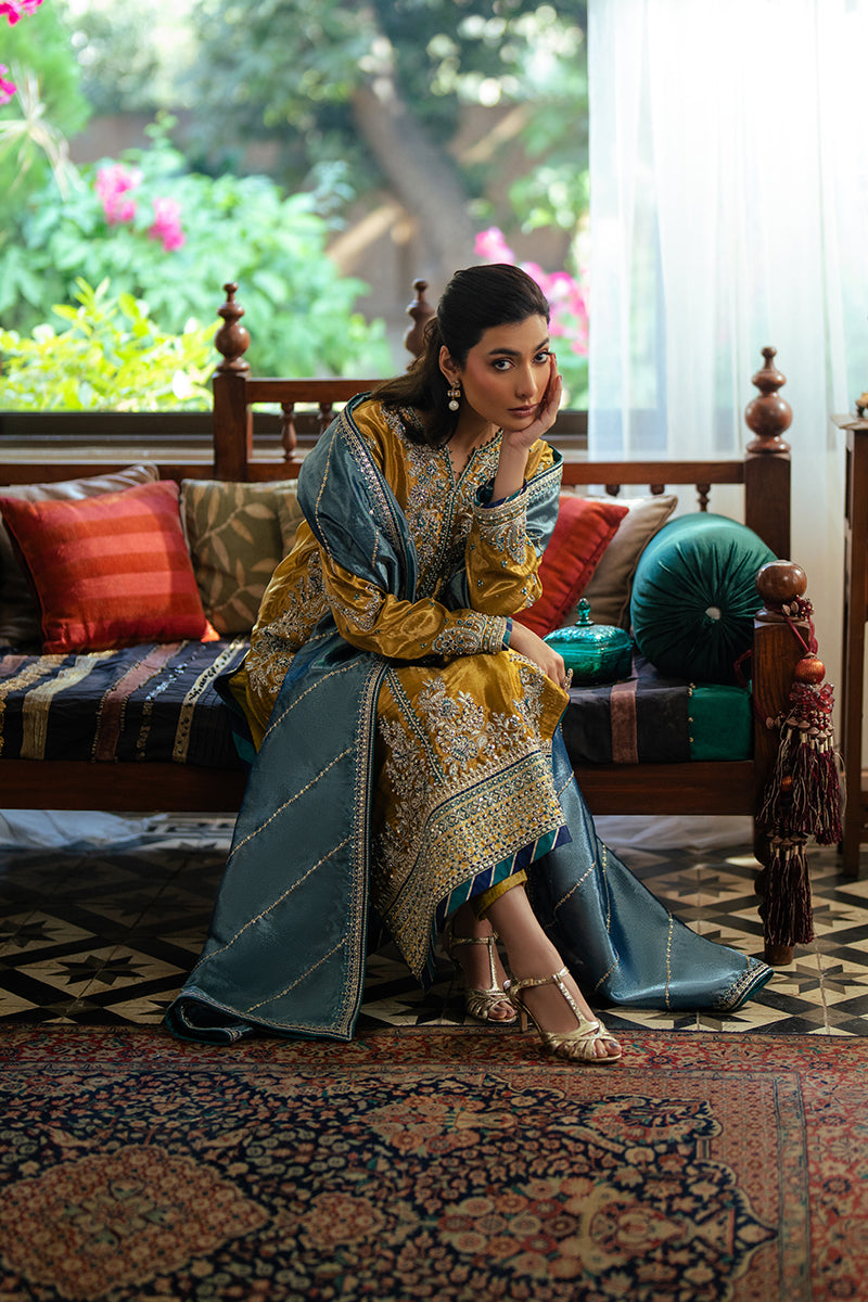 Pakistani Golden Zari Embroidered Satin Salwar Kameez (3-Piece) - Image 6