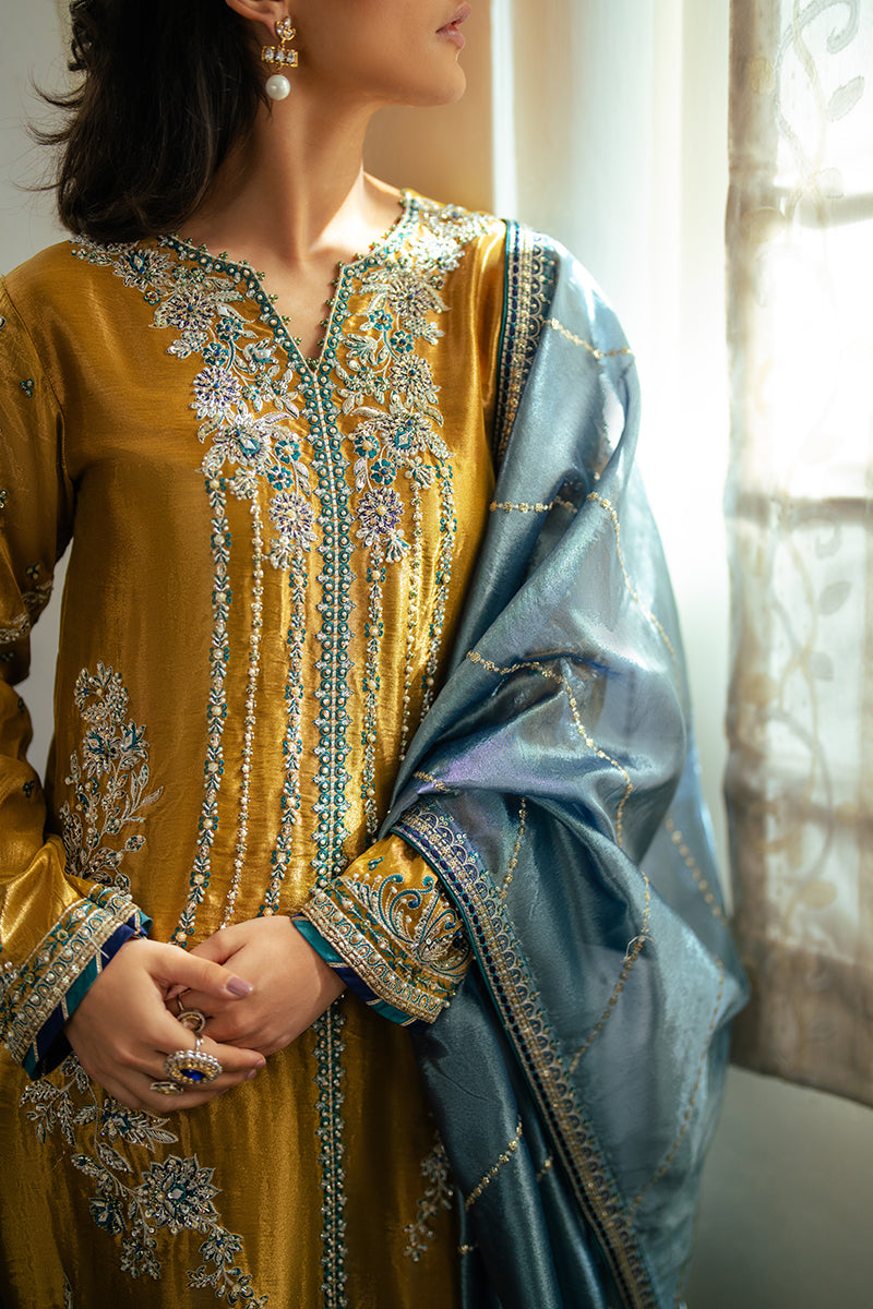 Pakistani Golden Zari Embroidered Satin Salwar Kameez (3-Piece) - Image 7