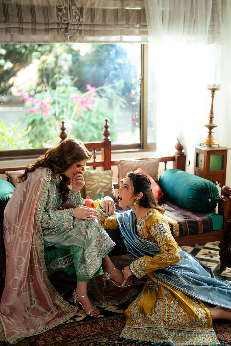 Pakistani Golden Zari Embroidered Satin Salwar Kameez (3-Piece) - Image 9