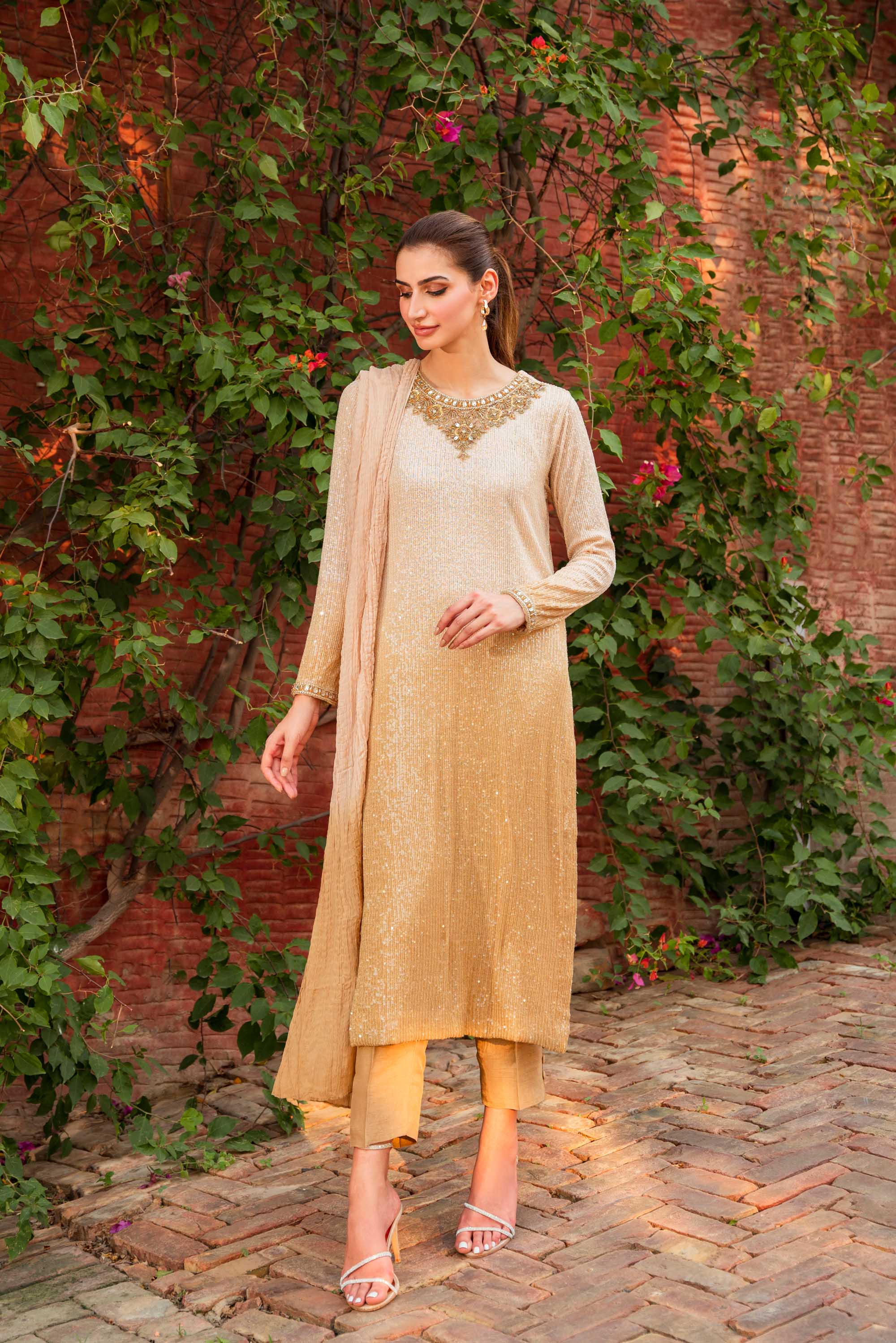 Champagne Gold Ombre Sequinned Net Salwar Kameez (3-Piece) - Image 3