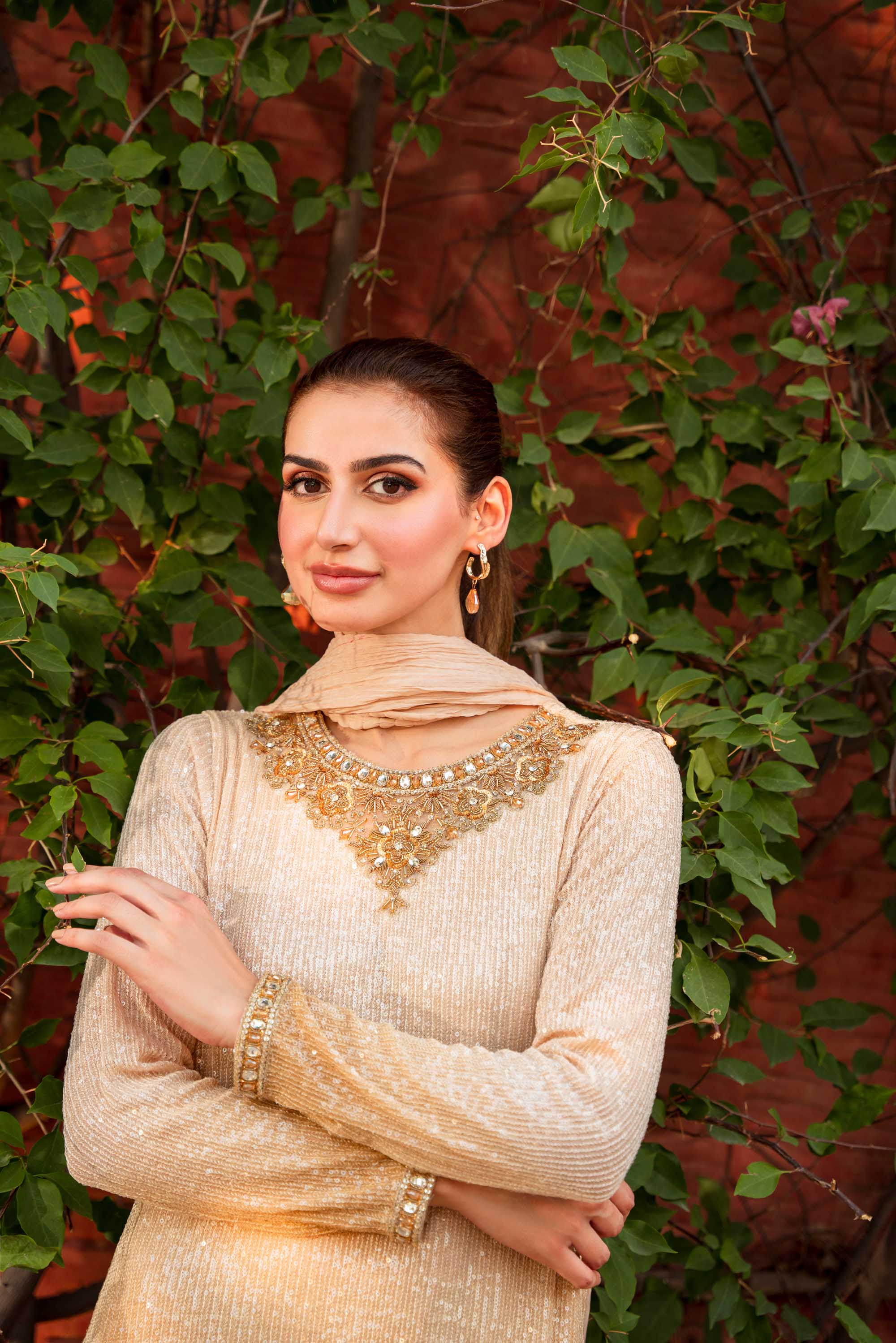 Champagne Gold Ombre Sequinned Net Salwar Kameez (3-Piece) - Image 6