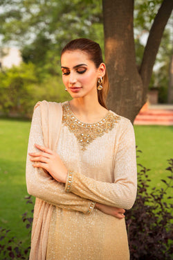 Pakistani Champagne Gold Sequinned Net Salwar Kameez (3-Piece) - Image 1