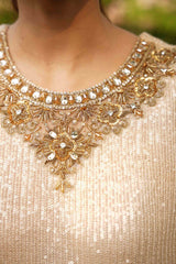 Pakistani Champagne Gold Sequinned Net Salwar Kameez (3-Piece) - Image 7