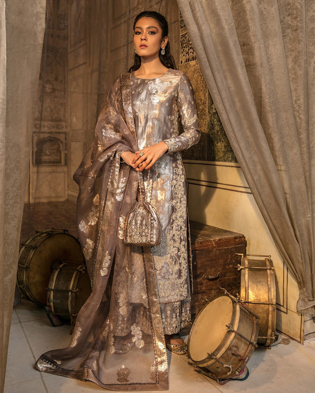 Burnished Gold Embroidered Shimmer Silk Kameez (3-Piece) - Image 1