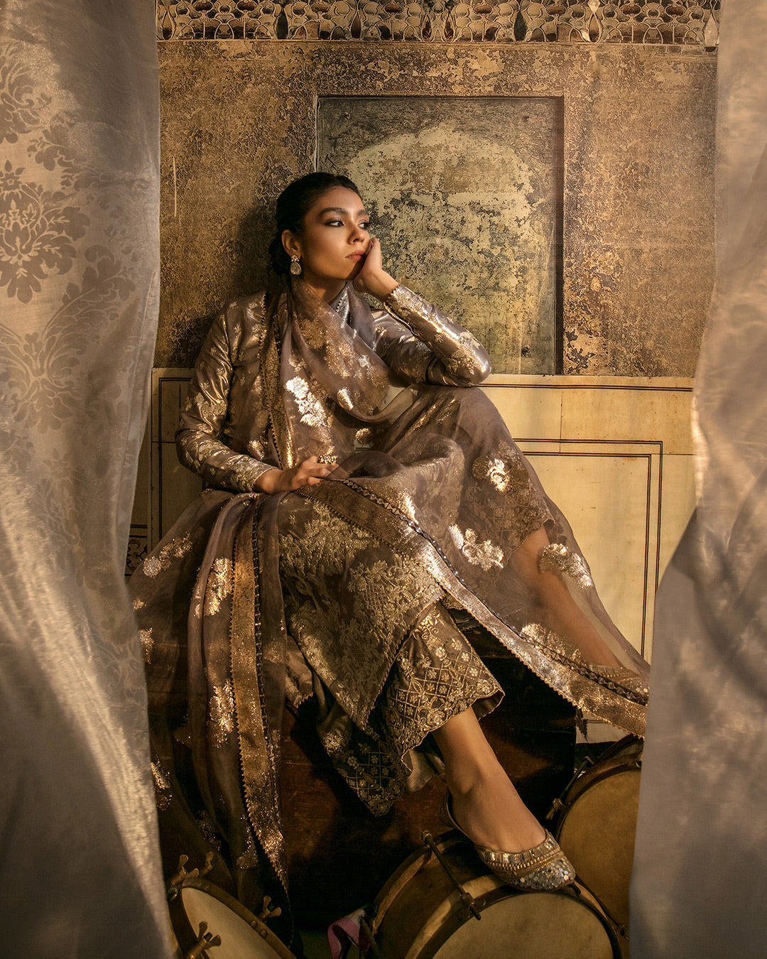 Burnished Gold Embroidered Shimmer Silk Kameez (3-Piece) - Image 5