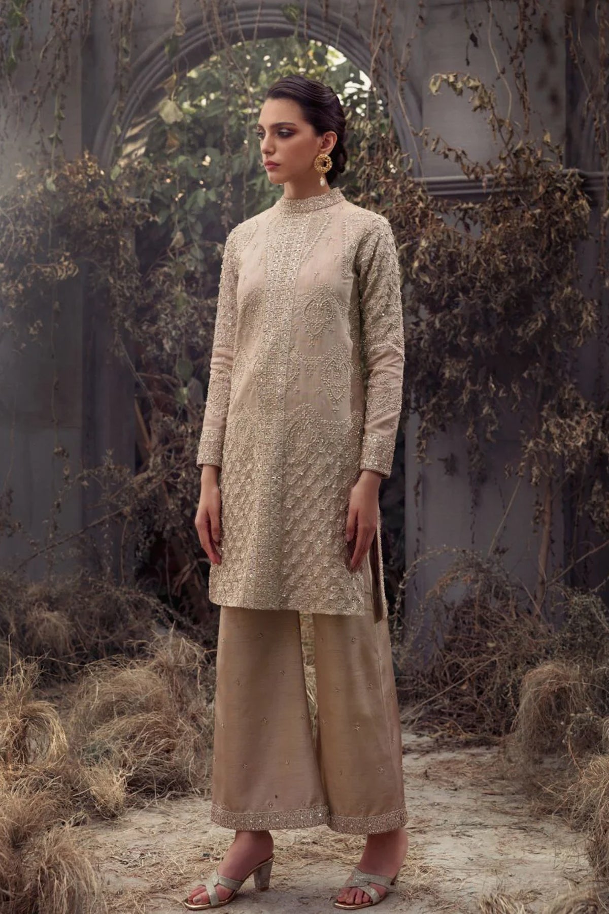 Pakistani Champagne Embellished Silk-Blend Kurta Set (2-Piece) - Image 1