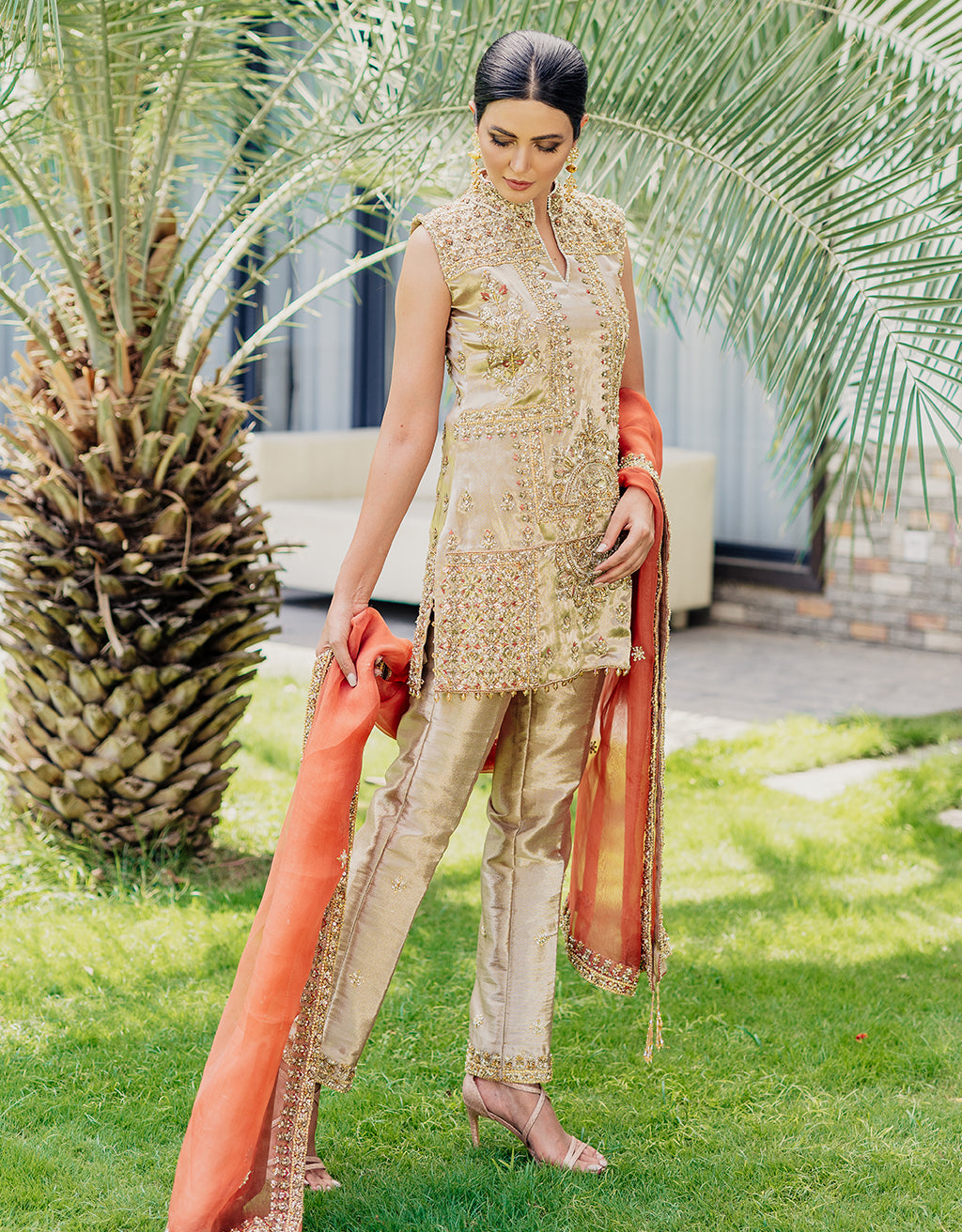 Gold and Rust Embroidered Silk-Blend Kurta Set (3-Piece) - Image 1