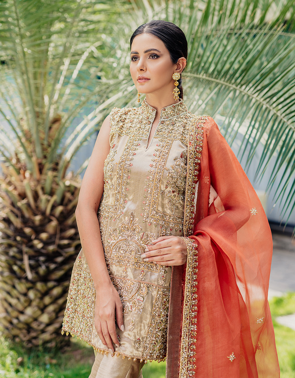 Gold and Rust Embroidered Silk-Blend Kurta Set (3-Piece) - Image 2