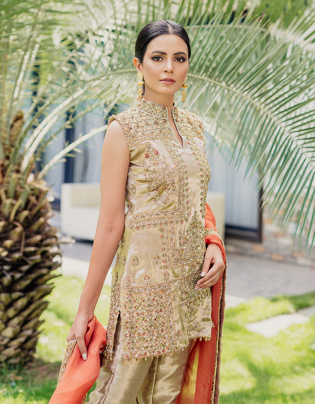 Gold and Rust Embroidered Silk-Blend Kurta Set (3-Piece) - Image 3