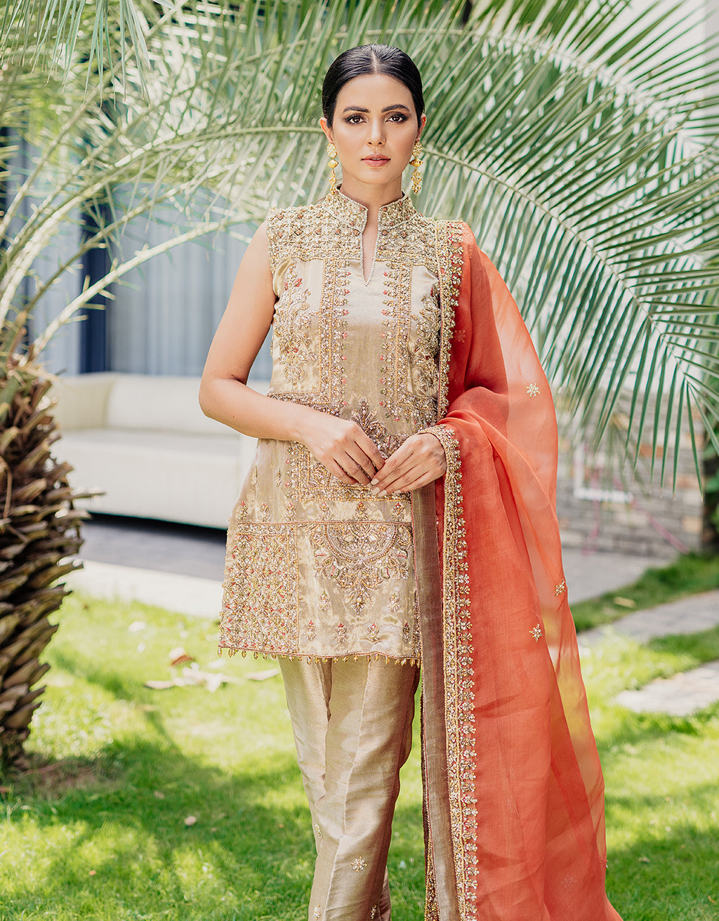Gold and Rust Embroidered Silk-Blend Kurta Set (3-Piece) - Image 4
