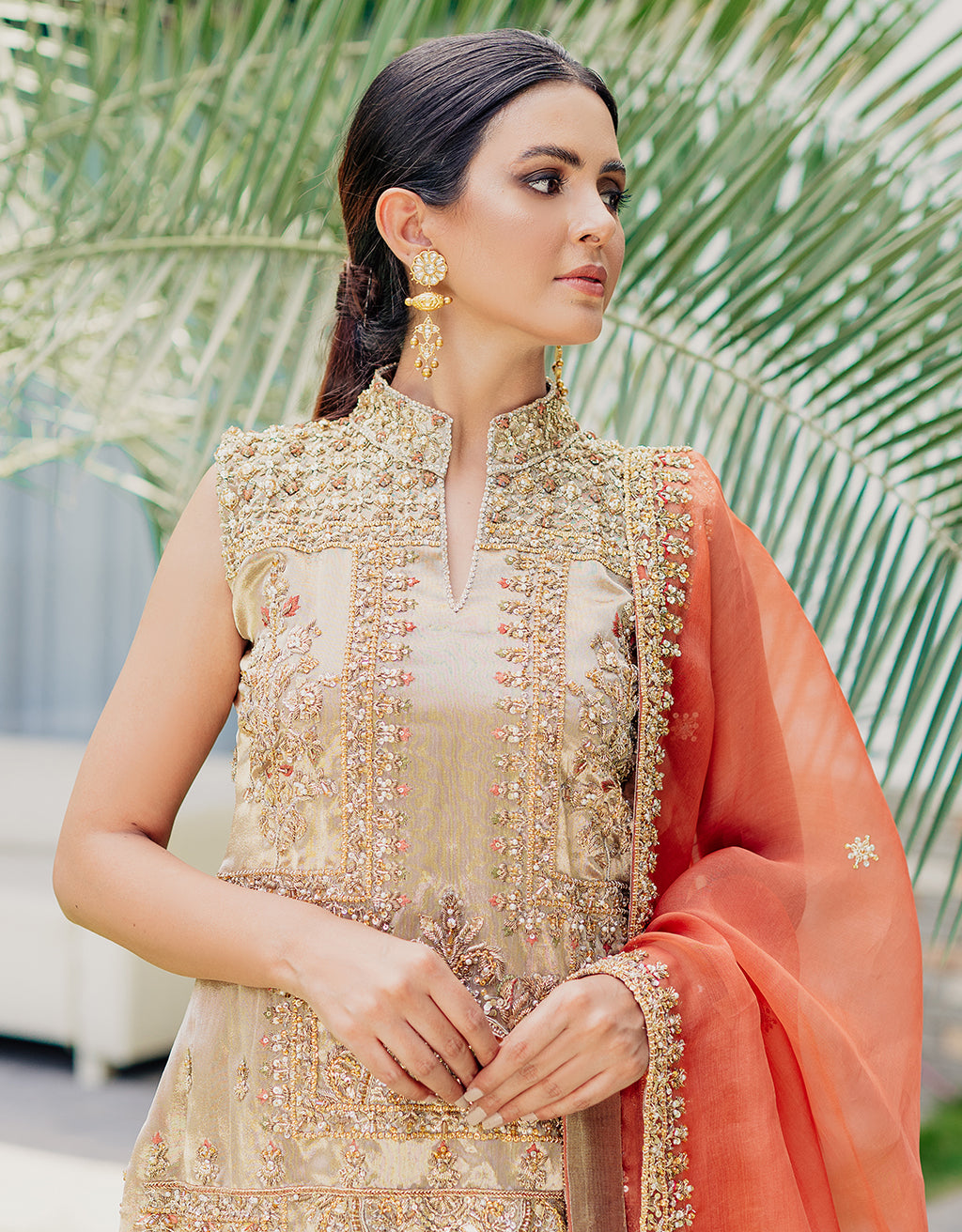 Gold and Rust Embroidered Silk-Blend Kurta Set (3-Piece) - Image 5