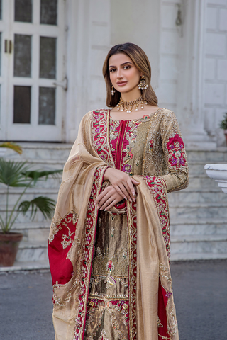 Champagne and Crimson Embroidered Silk-Blend Salwar Kameez (3-Piece) - Image 2
