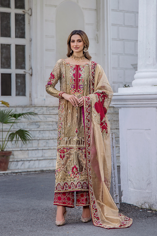 Champagne and Crimson Embroidered Silk-Blend Salwar Kameez (3-Piece) - Image 3