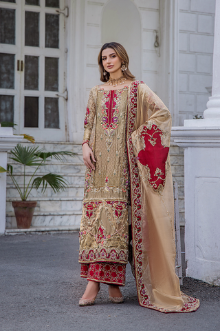 Champagne and Crimson Embroidered Silk-Blend Salwar Kameez (3-Piece) - Image 4