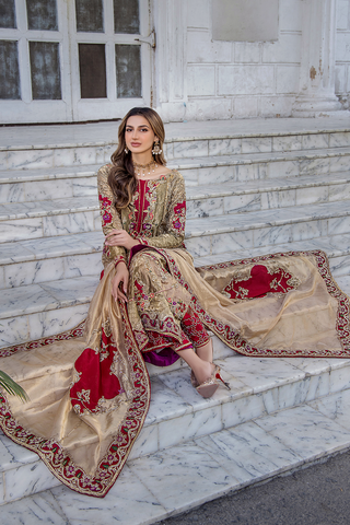 Champagne and Crimson Embroidered Silk-Blend Salwar Kameez (3-Piece) - Image 5