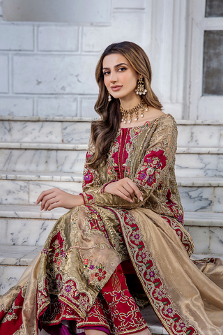 Champagne and Crimson Embroidered Silk-Blend Salwar Kameez (3-Piece) - Image 6