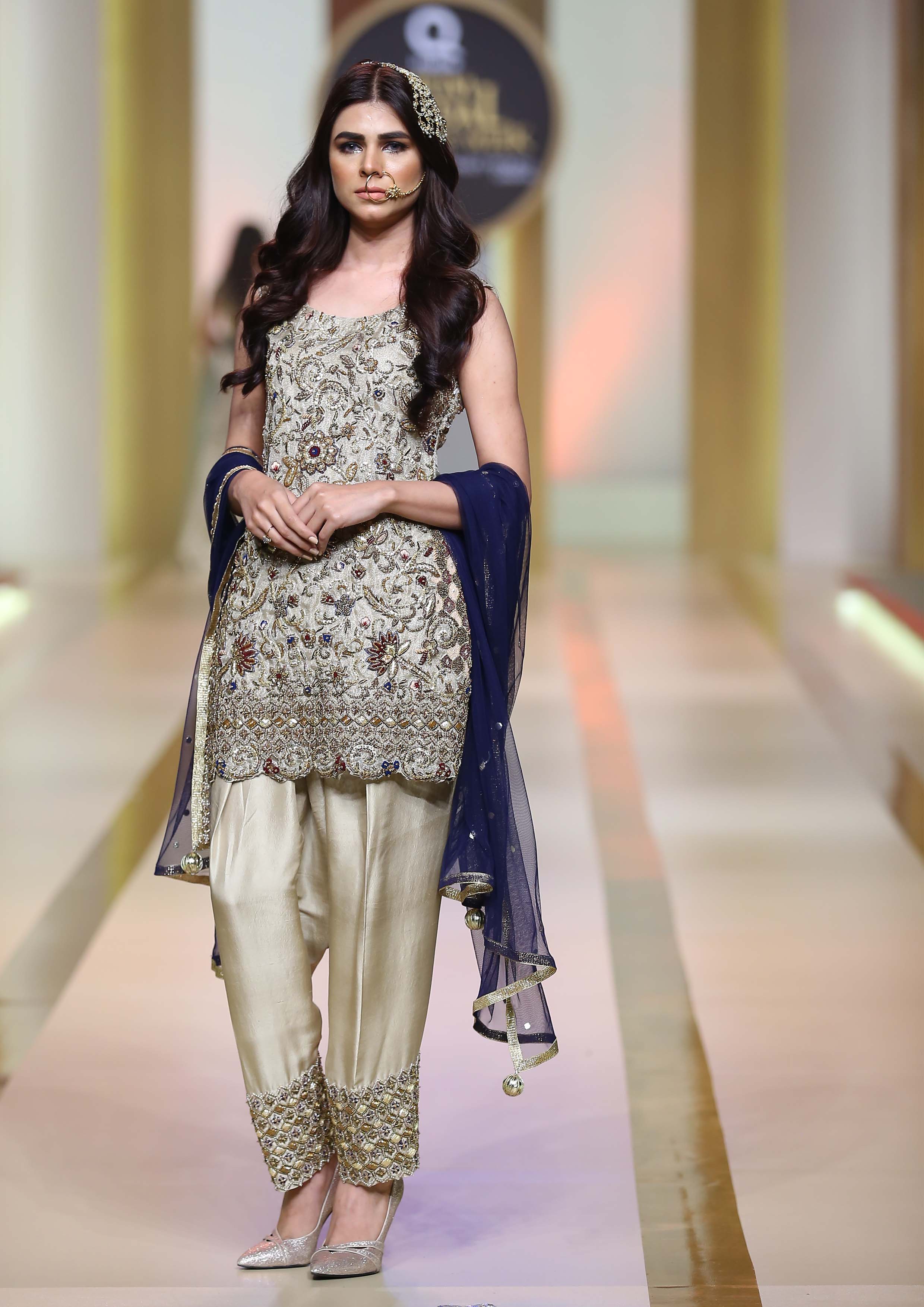 Pakistani Champagne Gold Embroidered Silk-Blend Salwar Kameez (3-Piece) - Image 1