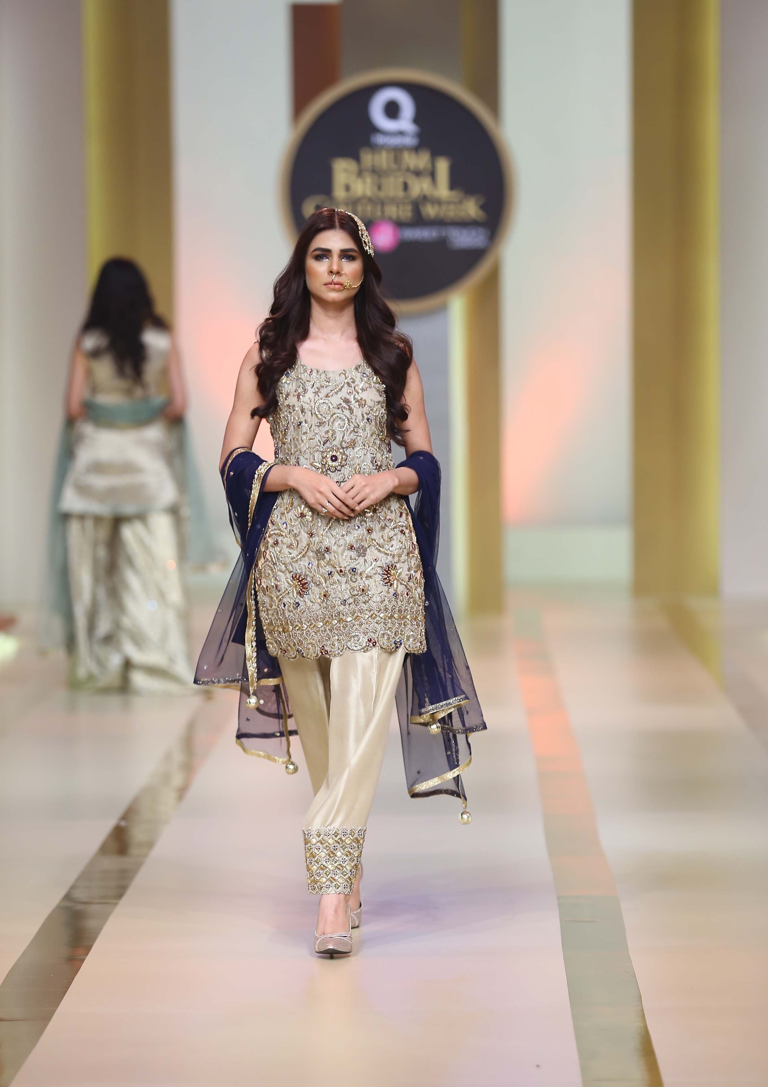 Pakistani Champagne Gold Embroidered Silk-Blend Salwar Kameez (3-Piece) - Image 2