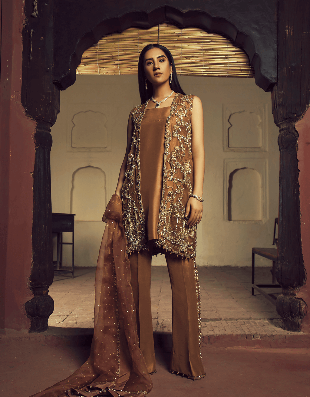 Pakistani Gold Dabka Mukesh Silk Jacket-Style Salwar Kameez (3-Piece) - Image 3