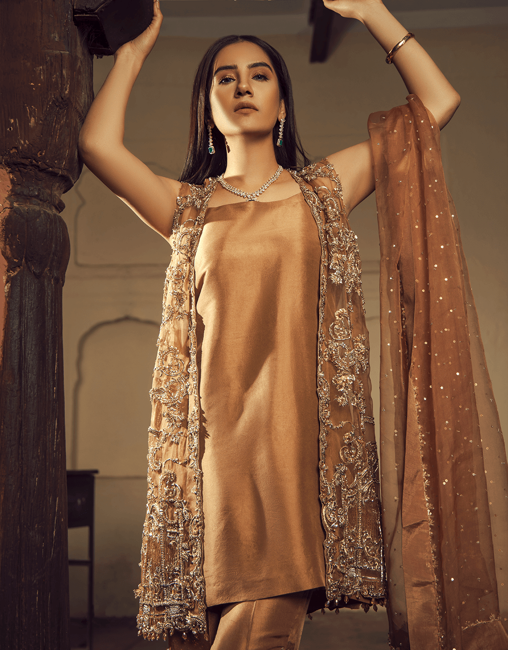 Pakistani Gold Dabka Mukesh Silk Jacket-Style Salwar Kameez (3-Piece) - Image 4
