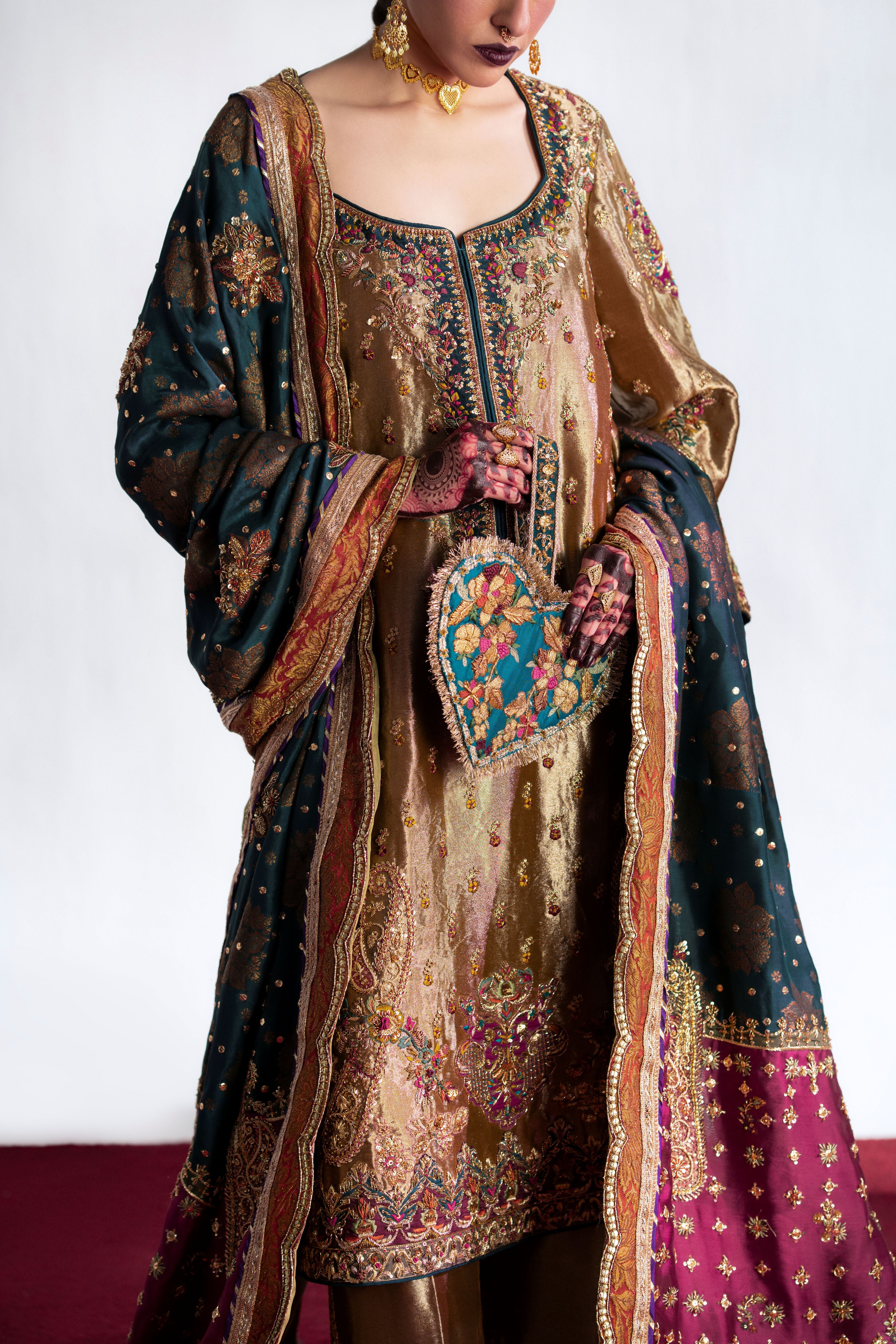 Pakistani Gold Embroidered Silk Kurta Set (3-Piece) - Image 1