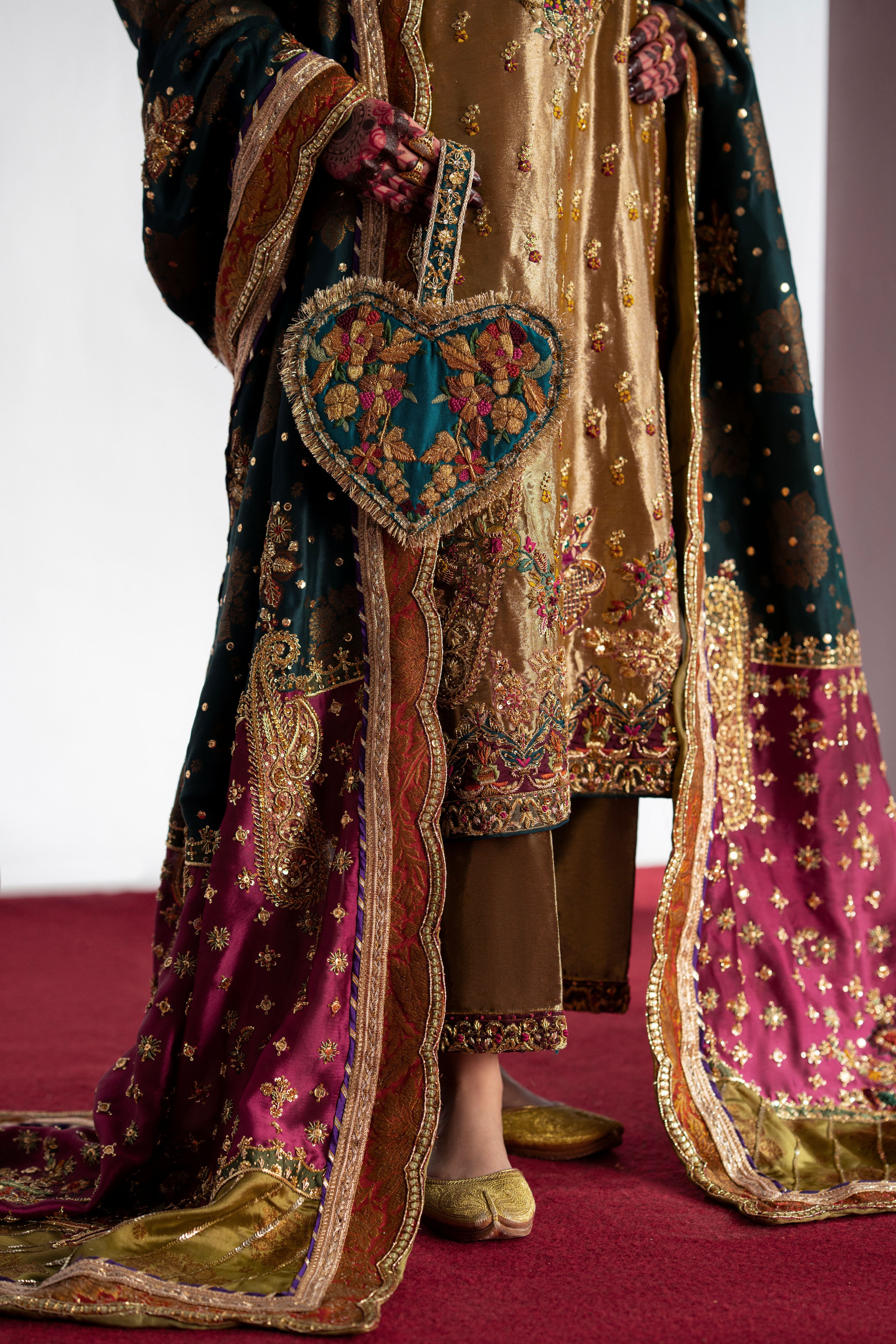 Pakistani Gold Embroidered Silk Kurta Set (3-Piece) - Image 2